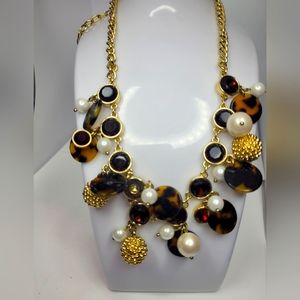 Talbots tortoise beads faux pearls rhinestones gold balls necklace